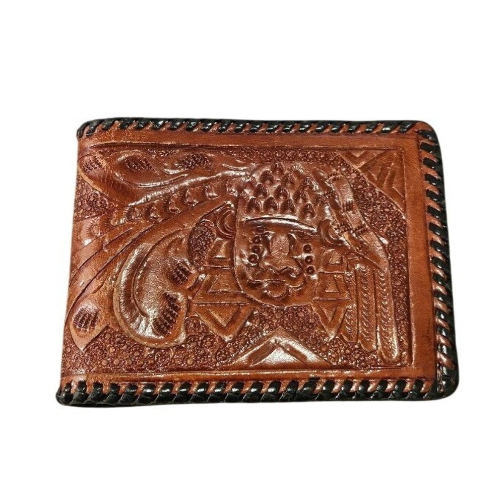 Vintage Hand Tooled Leather Bifold Wallet Mexico Floral Whipstitch Tan Brown